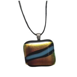 Vtg Artisan Dichroic Glass Black Multicolor Pendant Necklace